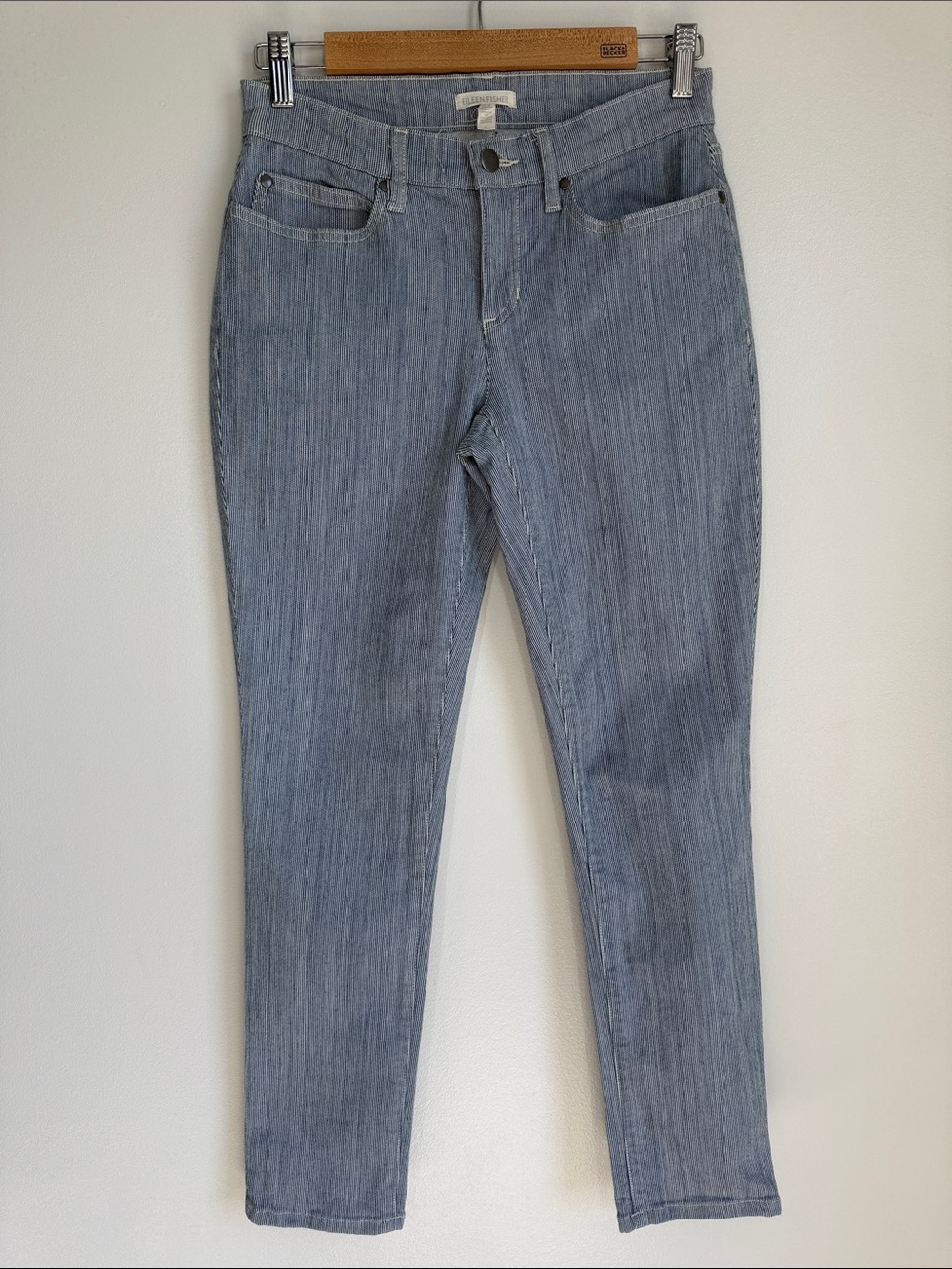 Eileen Fisher Railroad Stripe Skinny Jeans Size 4 Blue White Stretch Denim Pants